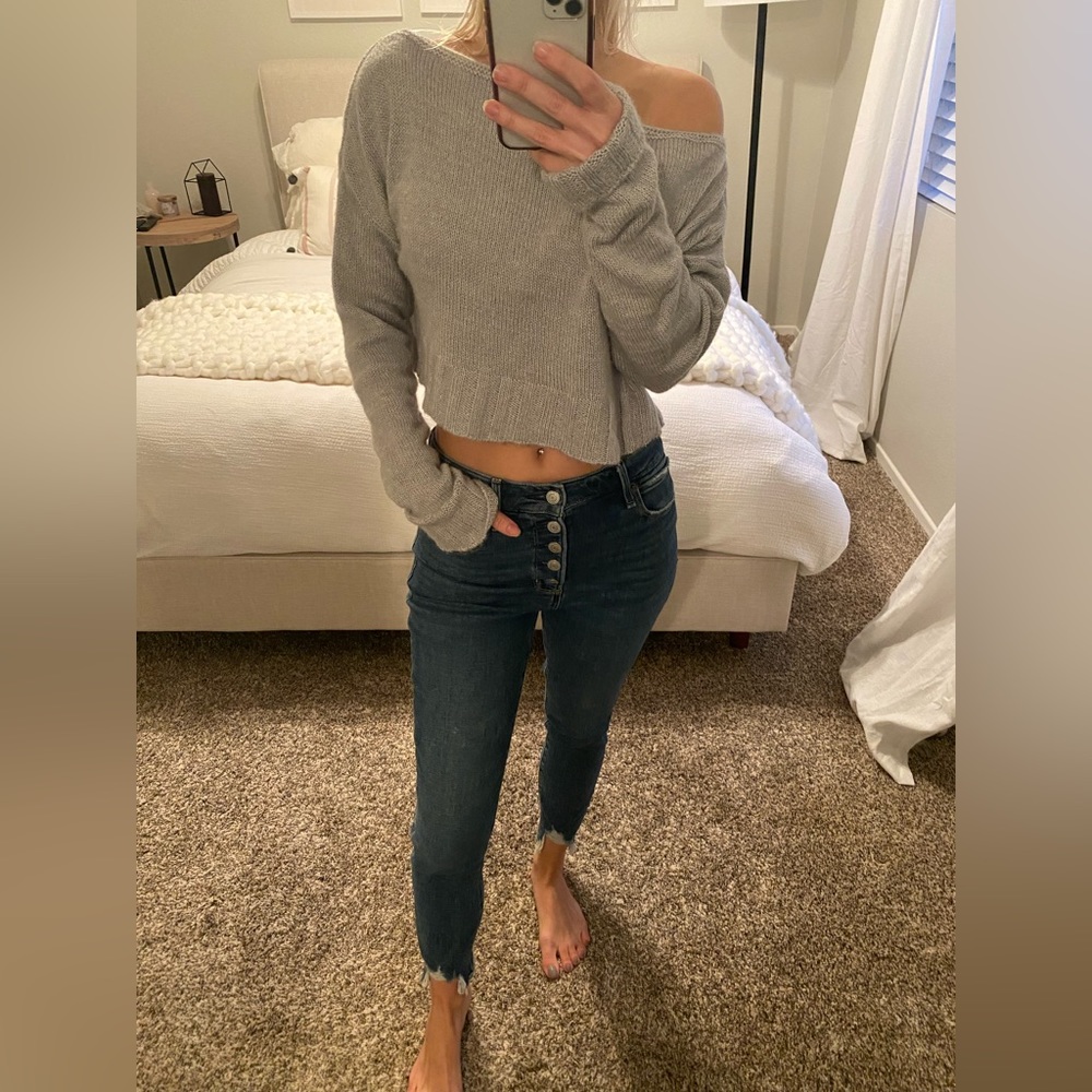 Gray off the shoulder crop sweater